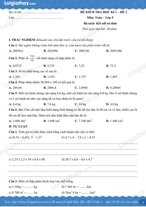Đề kiểm tra học kì 1 Toán 5 Kết nối tri thức - Đề số 2